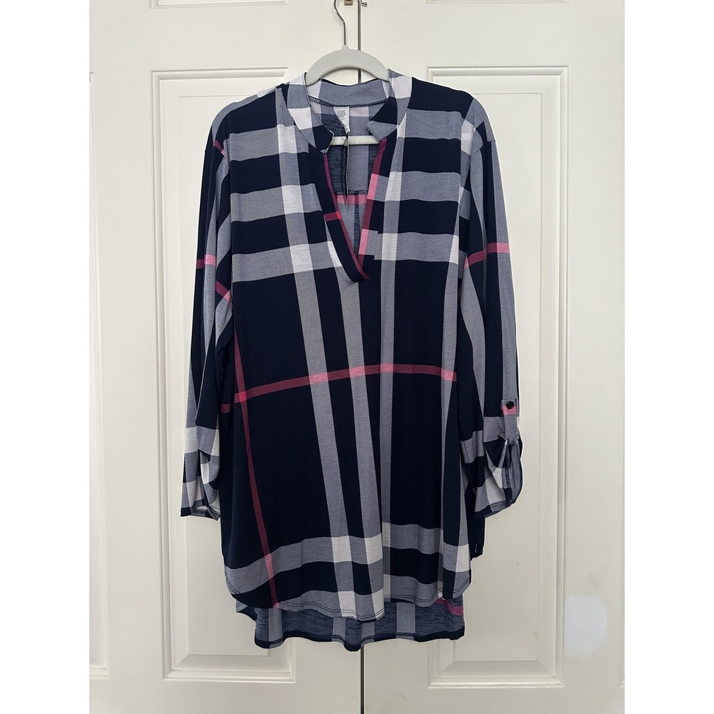 Glitzy Girlz Blouse Womens 5XL Blue Pink Plaid V Neck Roll Tab Sleeve Tunic‎